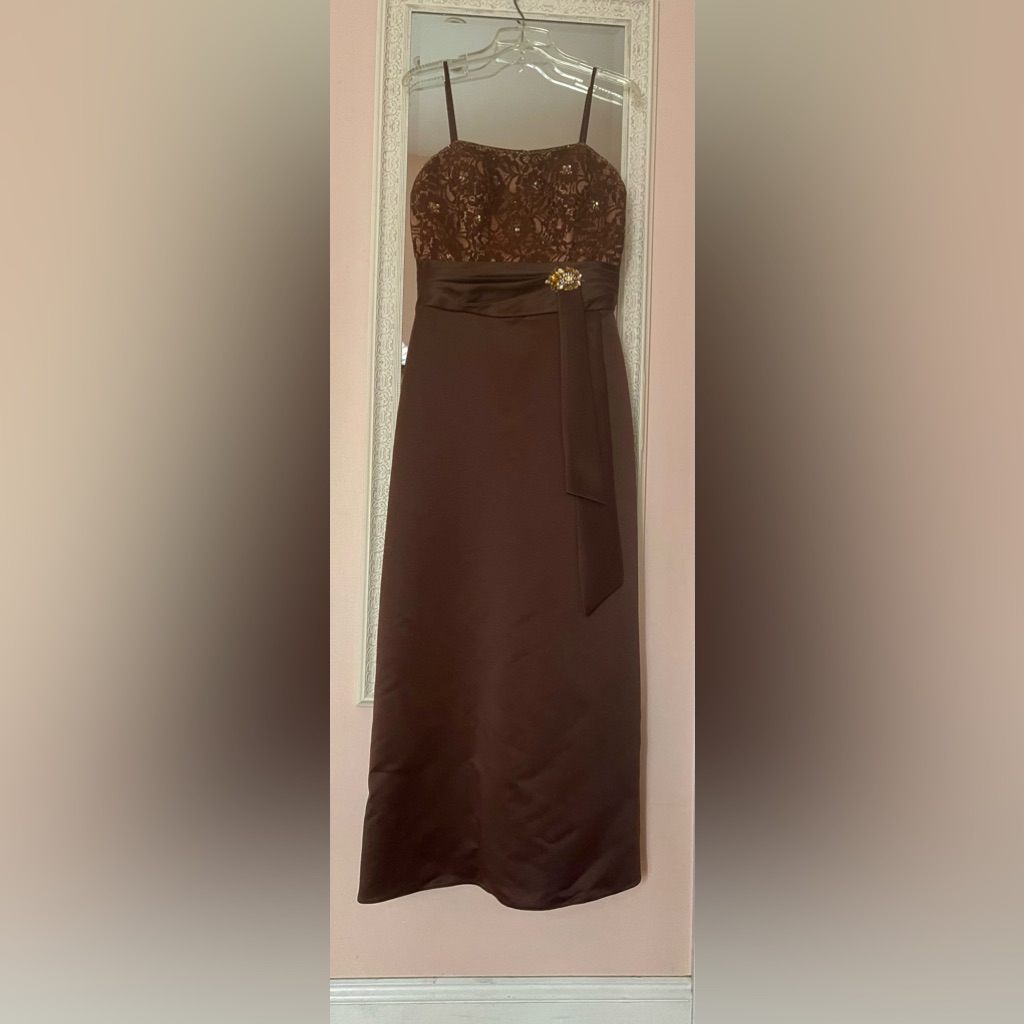 Beautiful Rich Chocolate Color Dress With Lace And Flower Beads In Front.